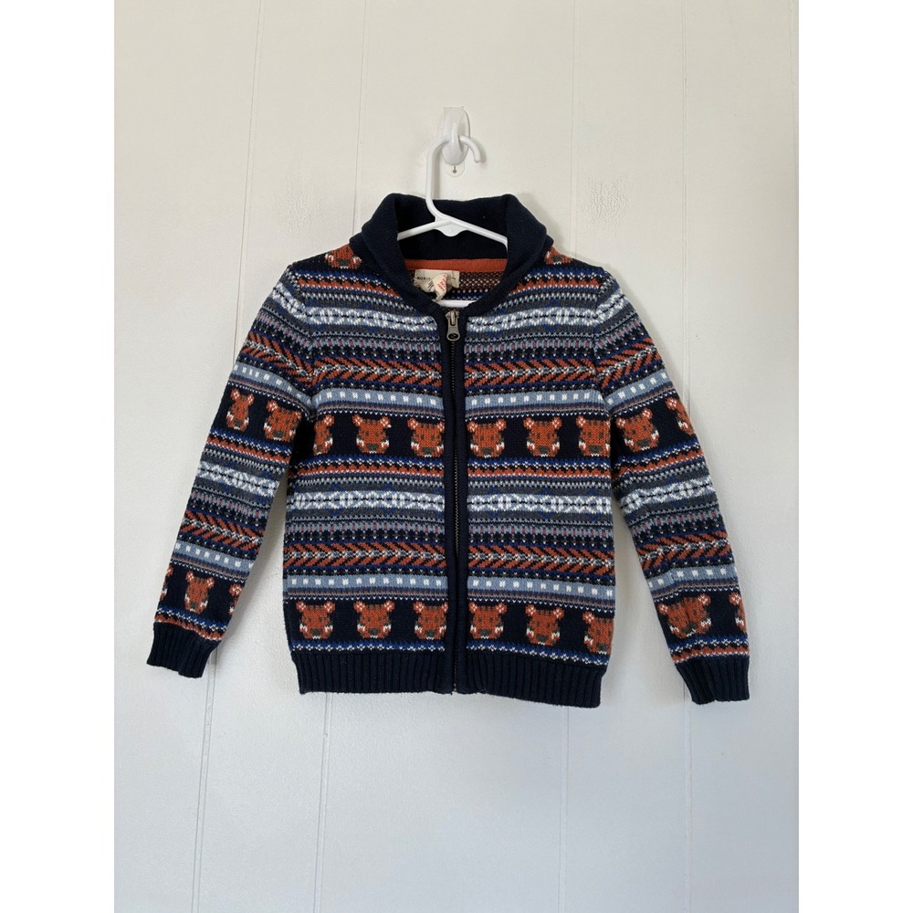 Rorie Whelan Kids 4T Fox Fair Isle Full‎ Zip Shawl Collar Cotton Sweater Navy